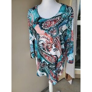 Allison Daley Top‎ Women XL Orange Teal Paisley Embellished Stretch Bohowestern